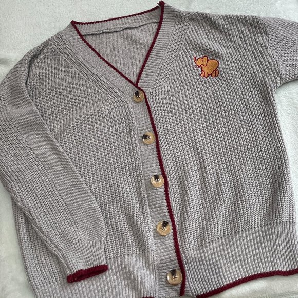 Grey and red knit cardigan with elephant mark - Picture 4 of 7